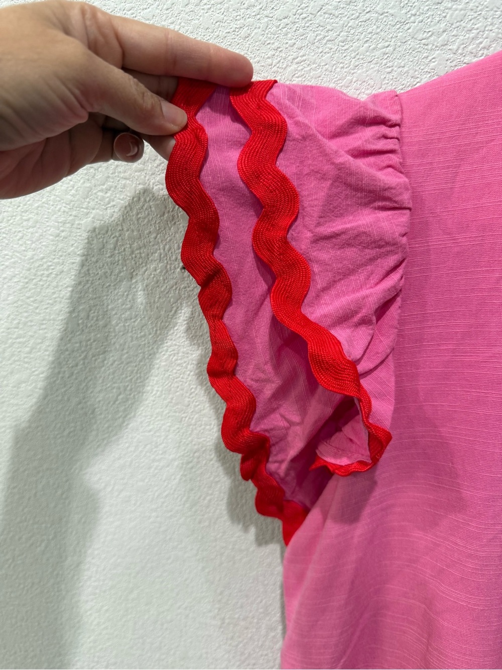 Women’s Pink Tiered Midi Dress with Red Trim - Picture 3 of 5